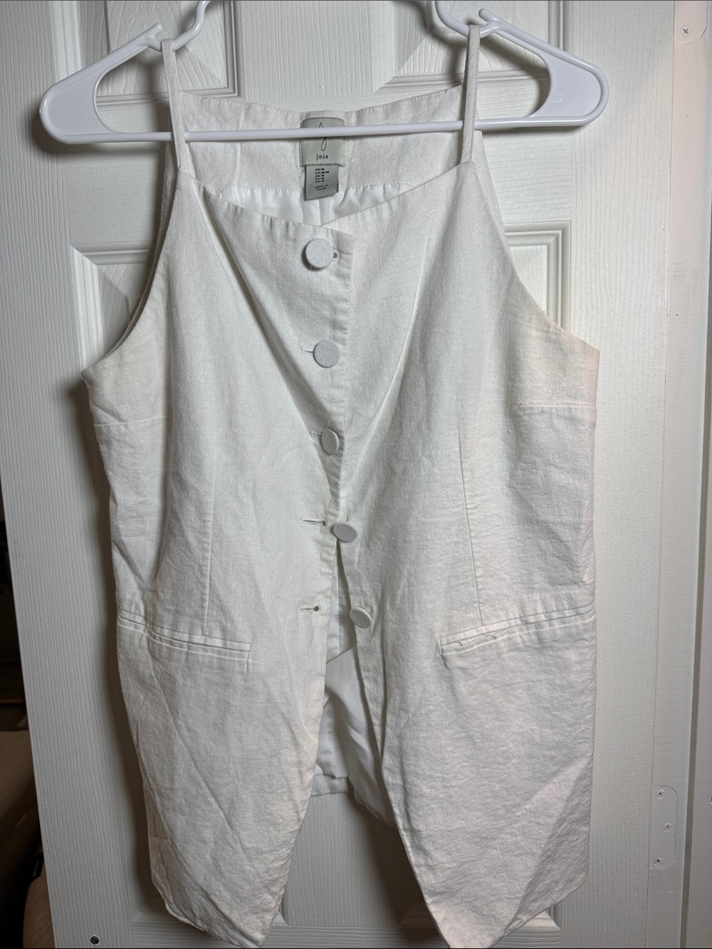 Joie White Sleeveless Button-Front Linen-Blend Jumpsuit